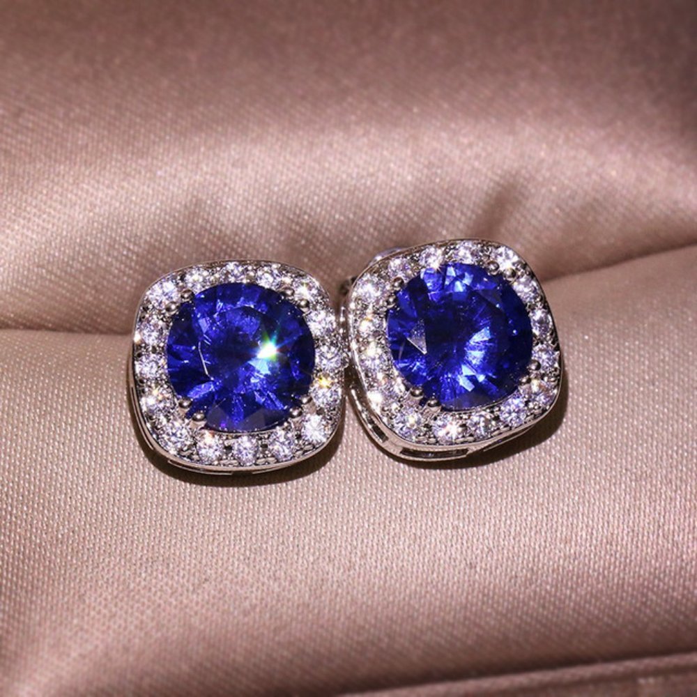 NEW Blue Sapphire Diamond Halo Stud Earrings
